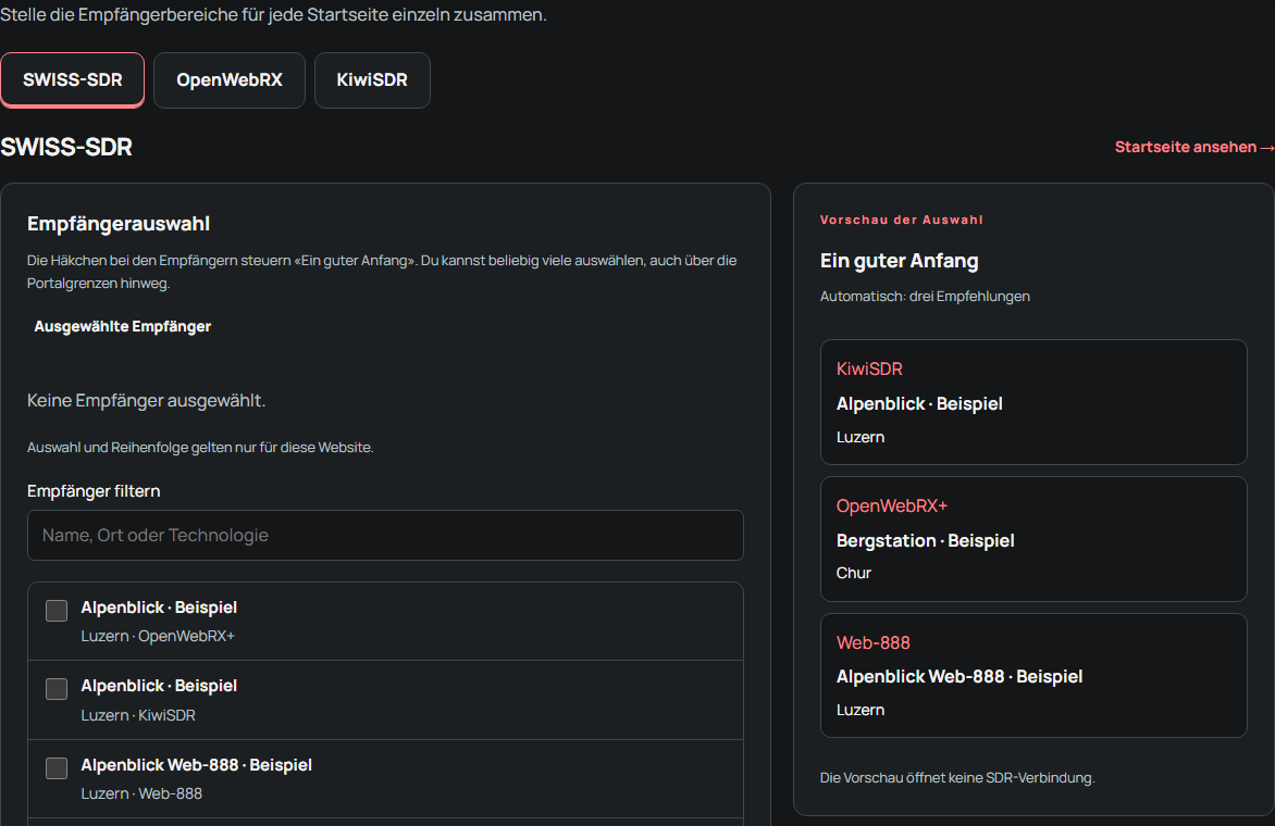 Empfänger für die Startseiten auswählen