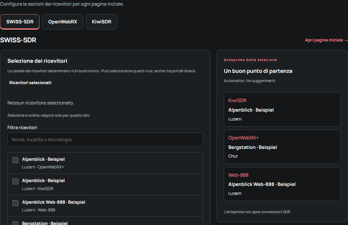 Scegliere i ricevitori per le pagine iniziali